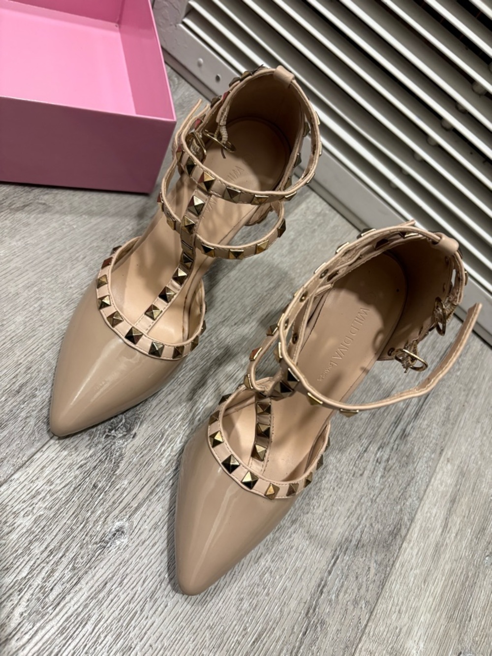 Alexandre Birman Nude Patent Pointed-Toe Studded Ankle-Strap Pumps